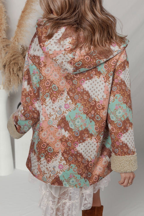 Vintage Floral Print Sherpa Lined Hooded Jacket